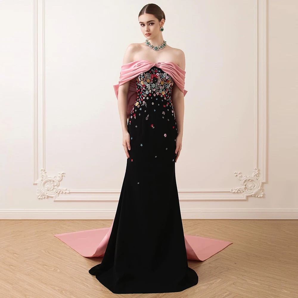 

Customized Off the Shoulder Mermaid Jersey Evening Dress Big Bow Applique Sleeveless Party Dress Backless Ankle Length Prom Gown