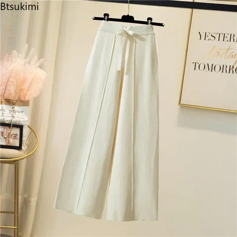 2024 Women\'s High Waist Wide Leg Pants Knitted Autumn Winter Casual Soft Straight Leg Pants Lace-up Solid Trousers Pants Female