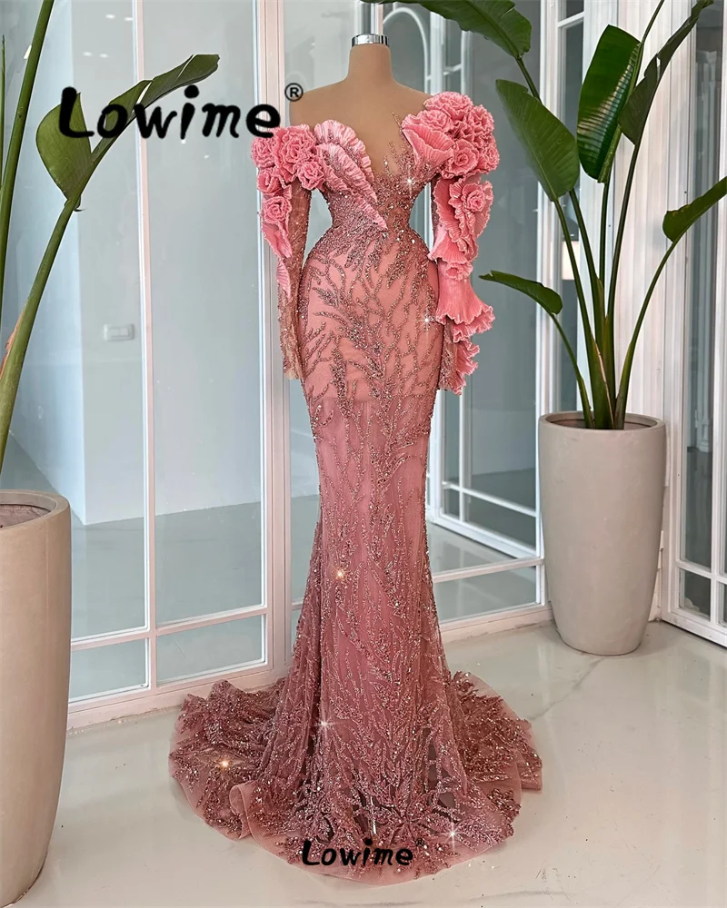 

Pink Aso Ebi Prom Dress Beaded Crystals Floral Long Sleeve Evening Gown Wedding Party Second Reception Birthday Engagement Gowns