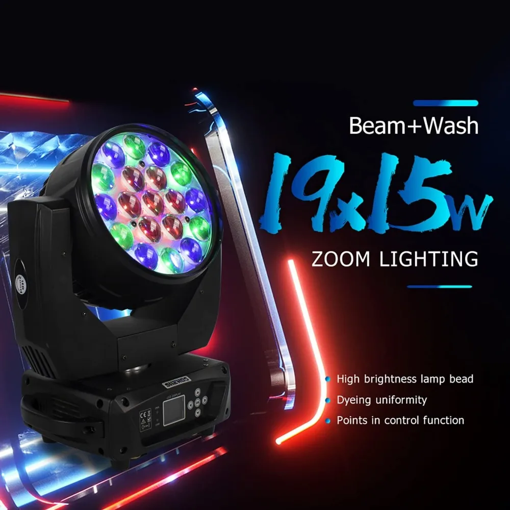ムービングヘッドライト LED 19x15W RGB、4in1 ビーム/ウォッシュ/ズームエフェクトステージライトプロフェッショナル DMX512、サウンド起動制御 DJ ライト