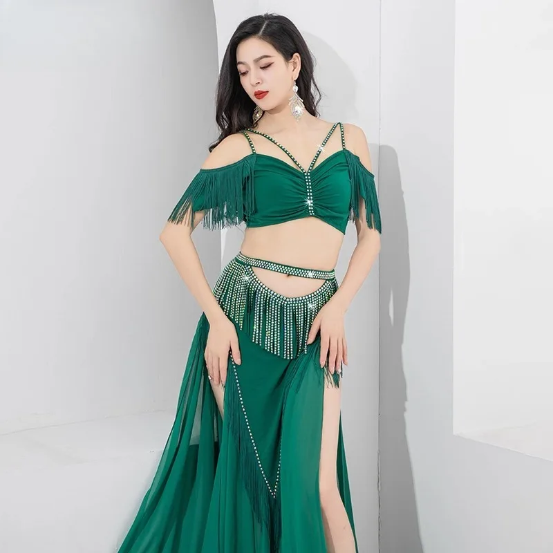 Customized Light Luxury Belly Dance Costumes Practice Set High Waisted Hollow Out Rhinestone Tassel Group Performance Costume