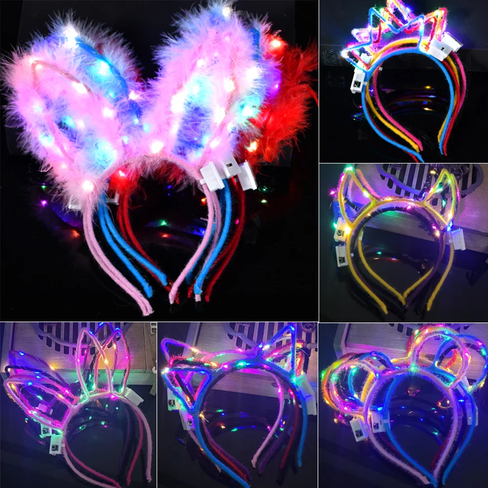 10/20/30pcs Girl Women Led Glow Cat Bunny Ear Hairband Light Up Flash Headband Glow In the Dark Birthday Wedding Party Supply