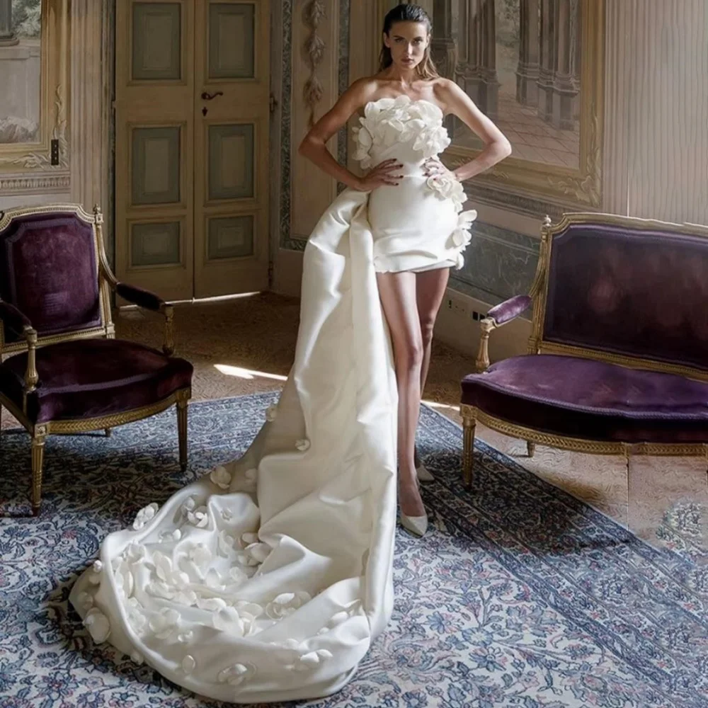 

Customized Sleeveless Wedding Gown Charming Flower Applique Wedding Dress Exquisite Short Bridal Dress Vestidos De Noiva