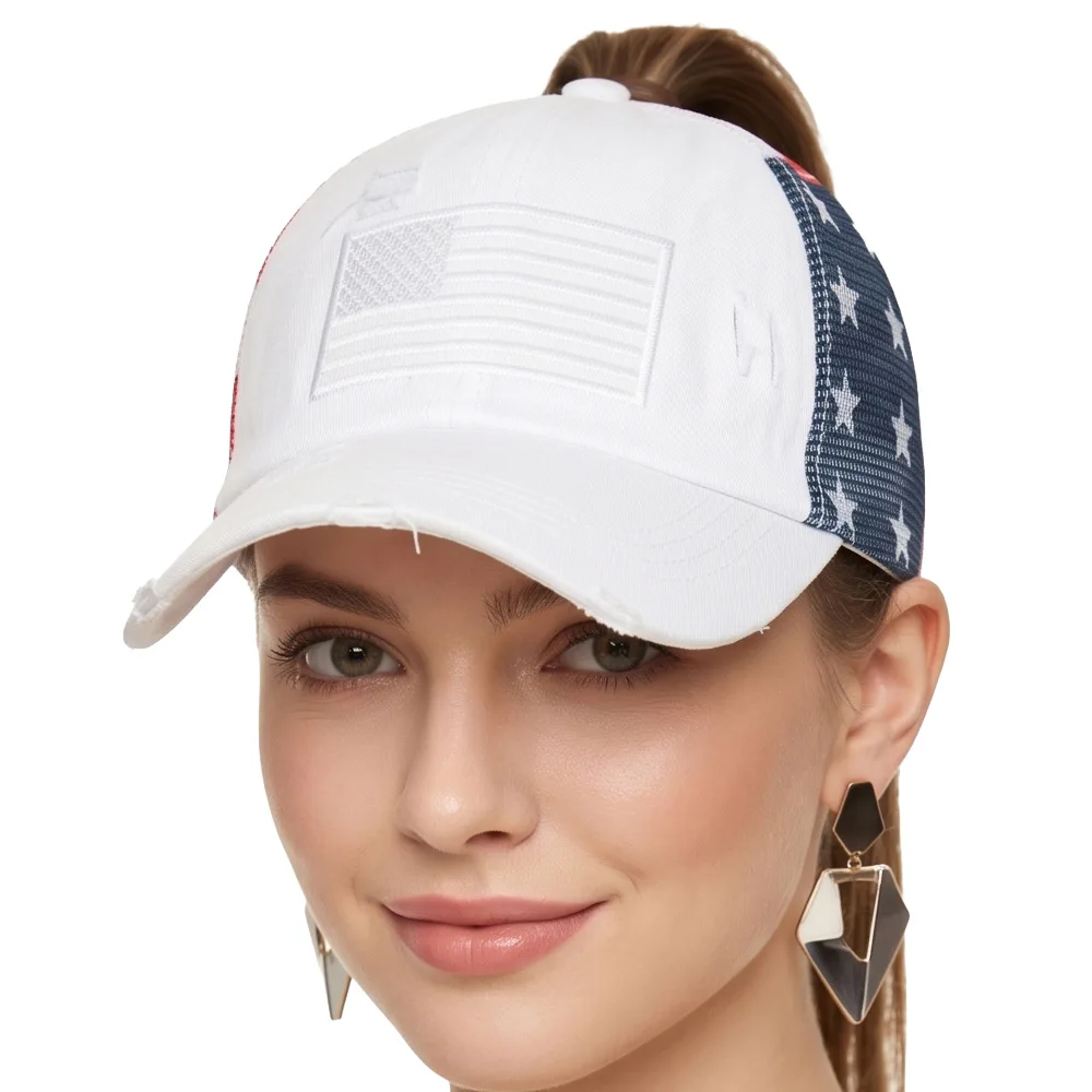 New Style Water-Washed Distressed Baseball Cap Featuring American Flag with Five-Pointed Stars, High Ponytail Brimmed Peaked Cap