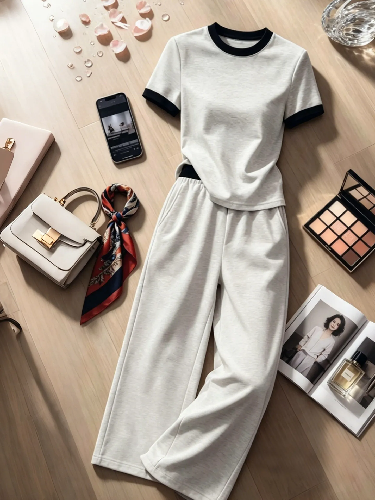 

Fashionable Color round Neck Commute Two-Piece Set Women's Summer Outfit Breathable Lightweight Casual Style T-Shirt