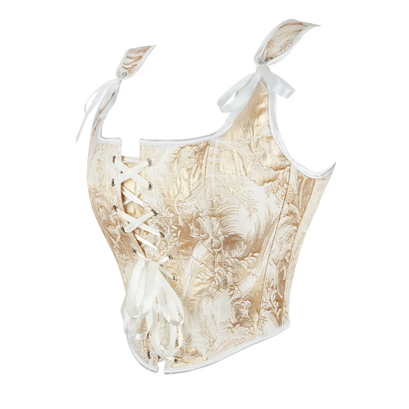 Gold Embroidery Crop Top Corset Wholesale Women Overbust Bustier with Shoulder Straps Brocade Corselet Crop Top En Corset