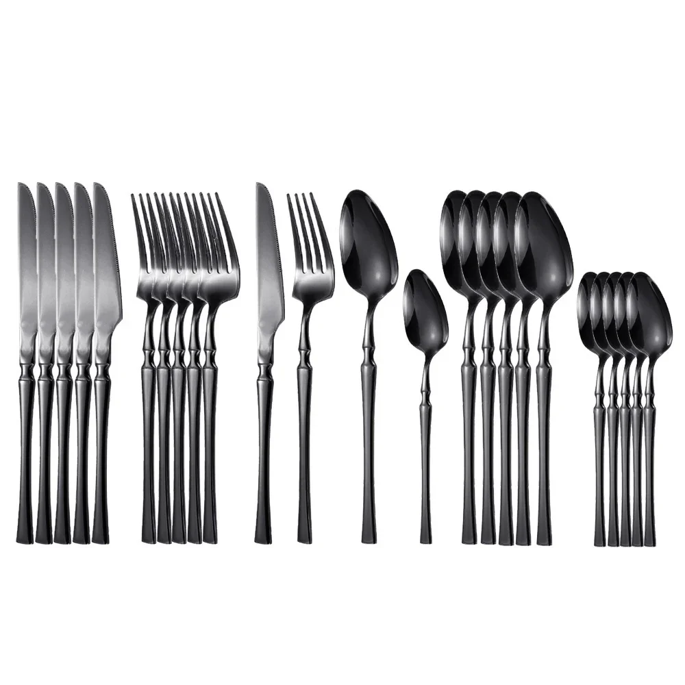 24pcs Upscale Black Dinnerware Set Stainless Steel Tableware Flatware Dishwasher Safe Dinner Cutlery Knife Fork Coffee Spoon