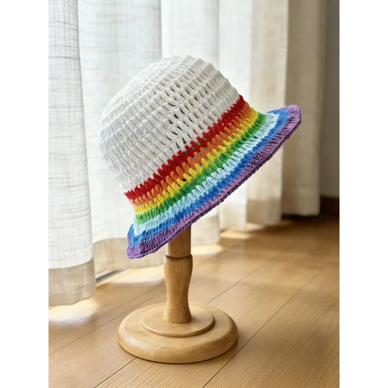 Neutral Contrasting Striped Fisherman Hat, Women's Hand Hook Knitted Yarn Hat, Autumn And Winter Warm Windproof Basin Hat