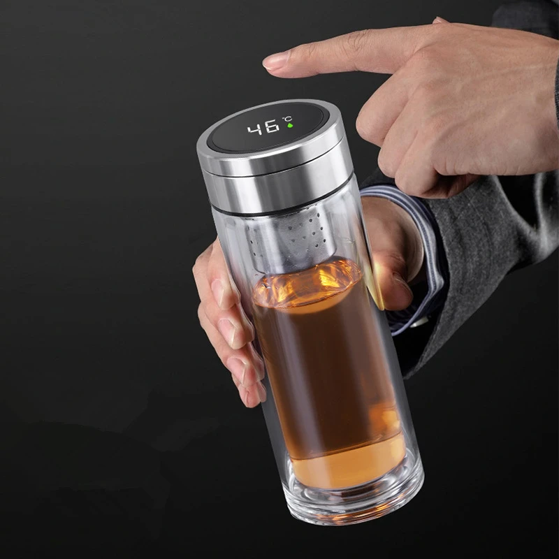 Magentic Tea Infuser Glass Bottle Portable LED Temperature Display Tea Separation Bottle