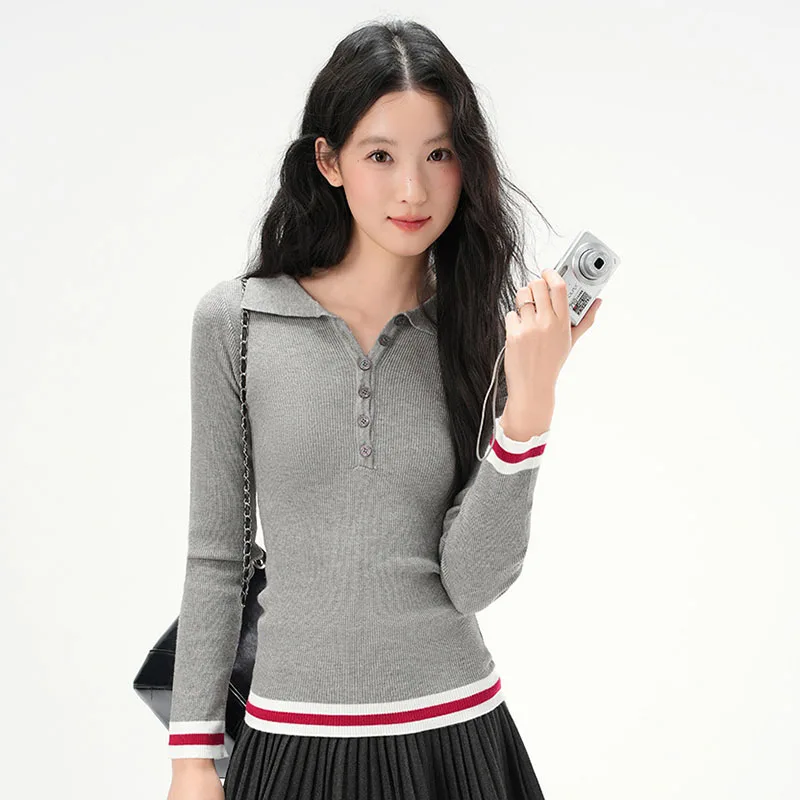 Camisa polo coreana com emenda de cor contrastante, camisa de malha de manga comprida para mulheres na primavera e no outono, top slim fit abotoado