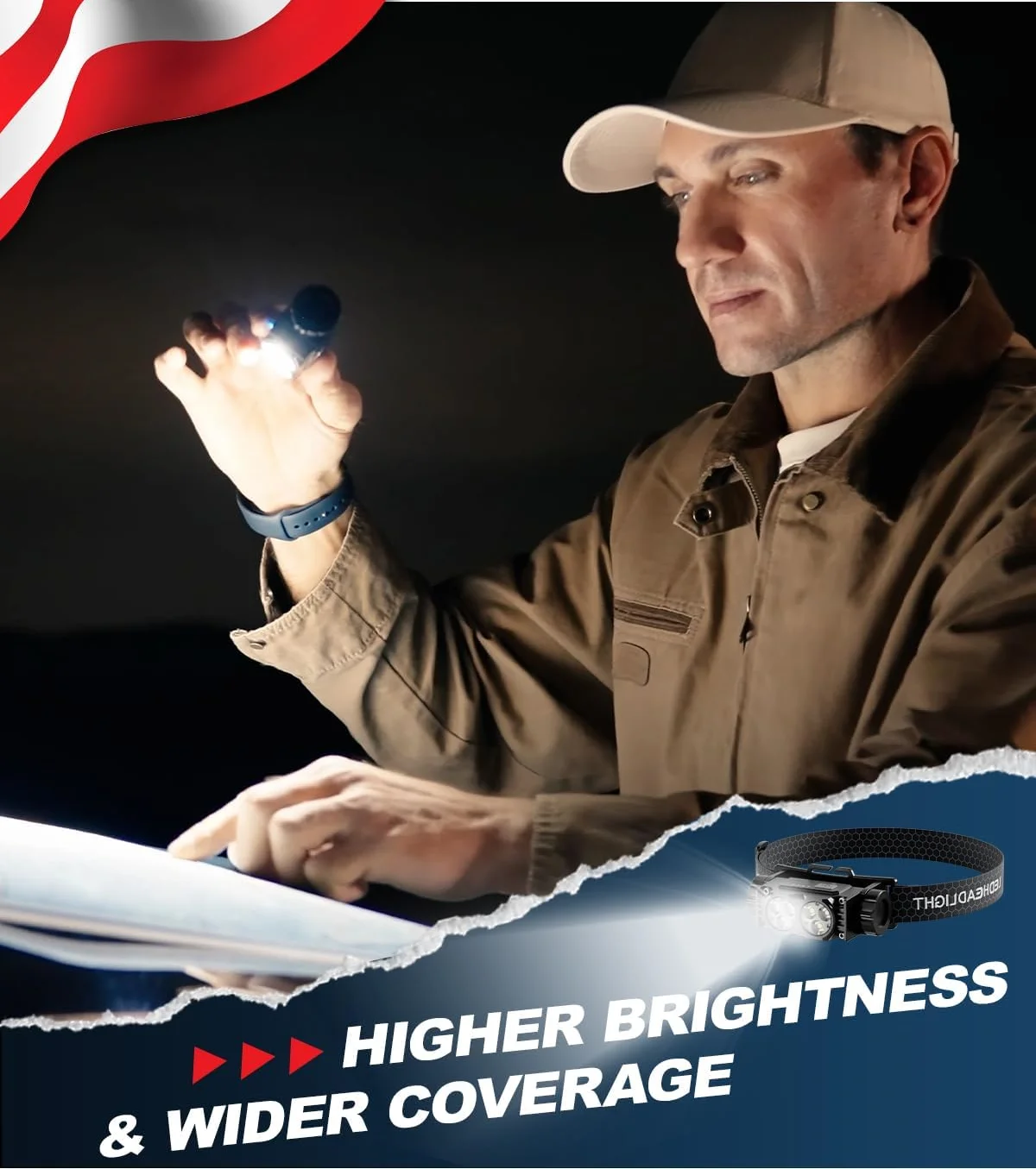 Latarka czołowa LED z możliwością ładowania, magnetyczna, z paskiem na głowę, do użytku na zewnątrz, do biegania, wędkowania, wodoodporna.