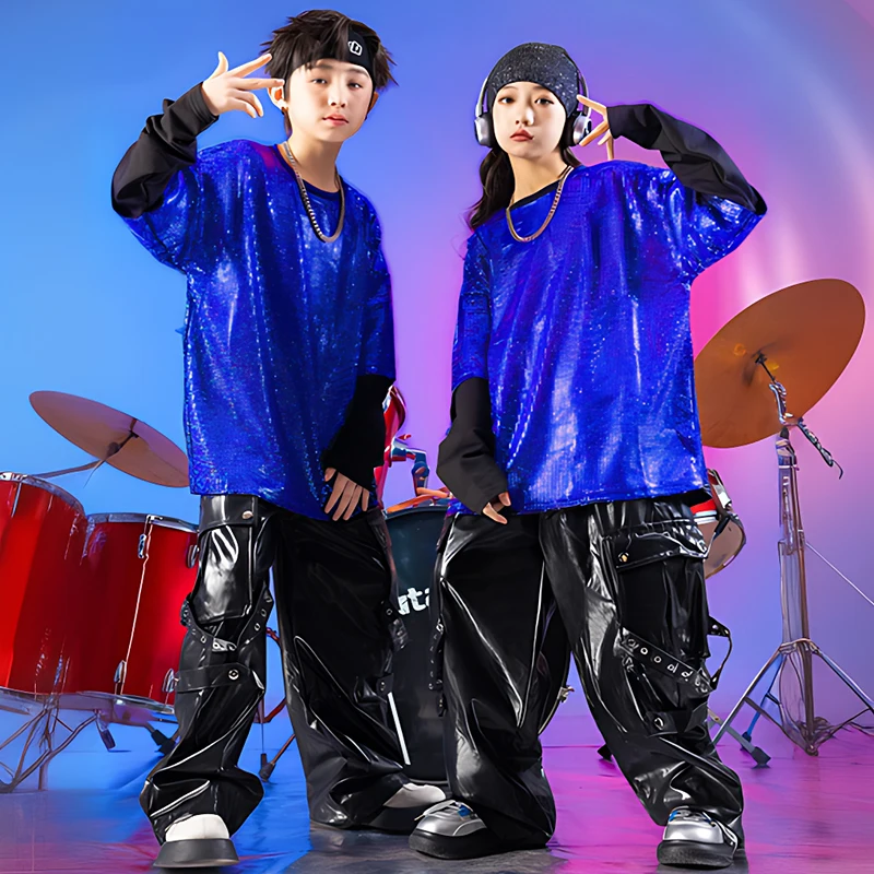 Hip Hop Dance Costume Children Clothing Street Dance Outfit Blue Sequin Oversize Tops Black Shuffle Pants Jazz Dance Wear 2467