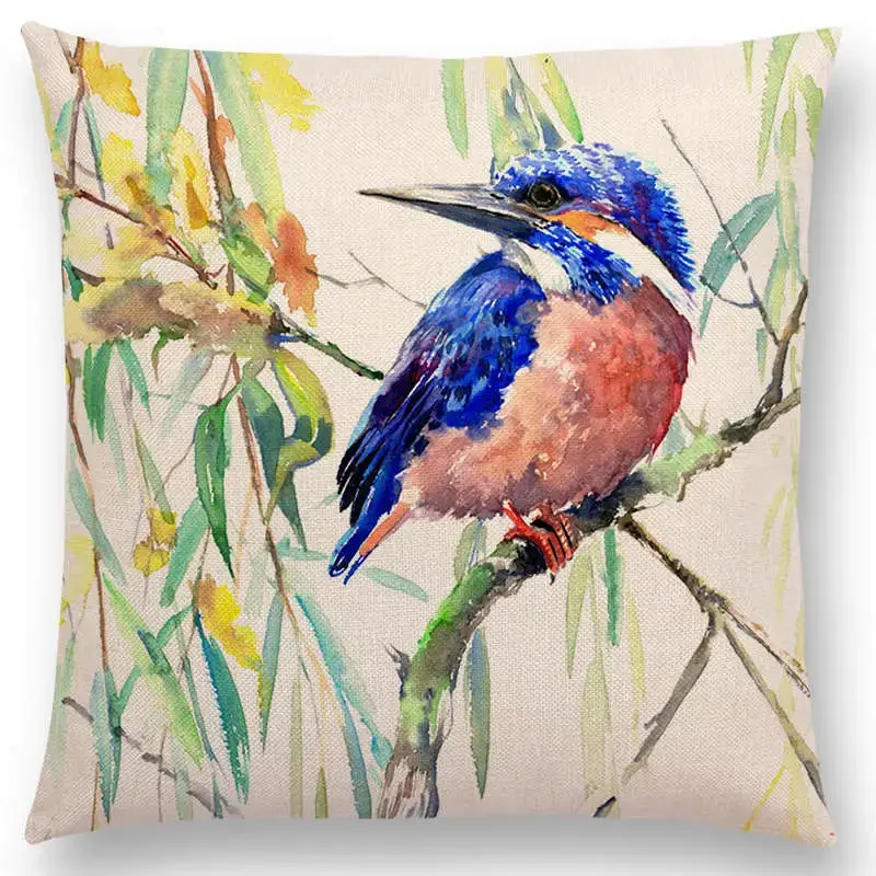 Watercolor Lovely Birds Cushion Cover Robin Tit Finch Hummingbird Goldfinch Sparrow Prints Pillow Case