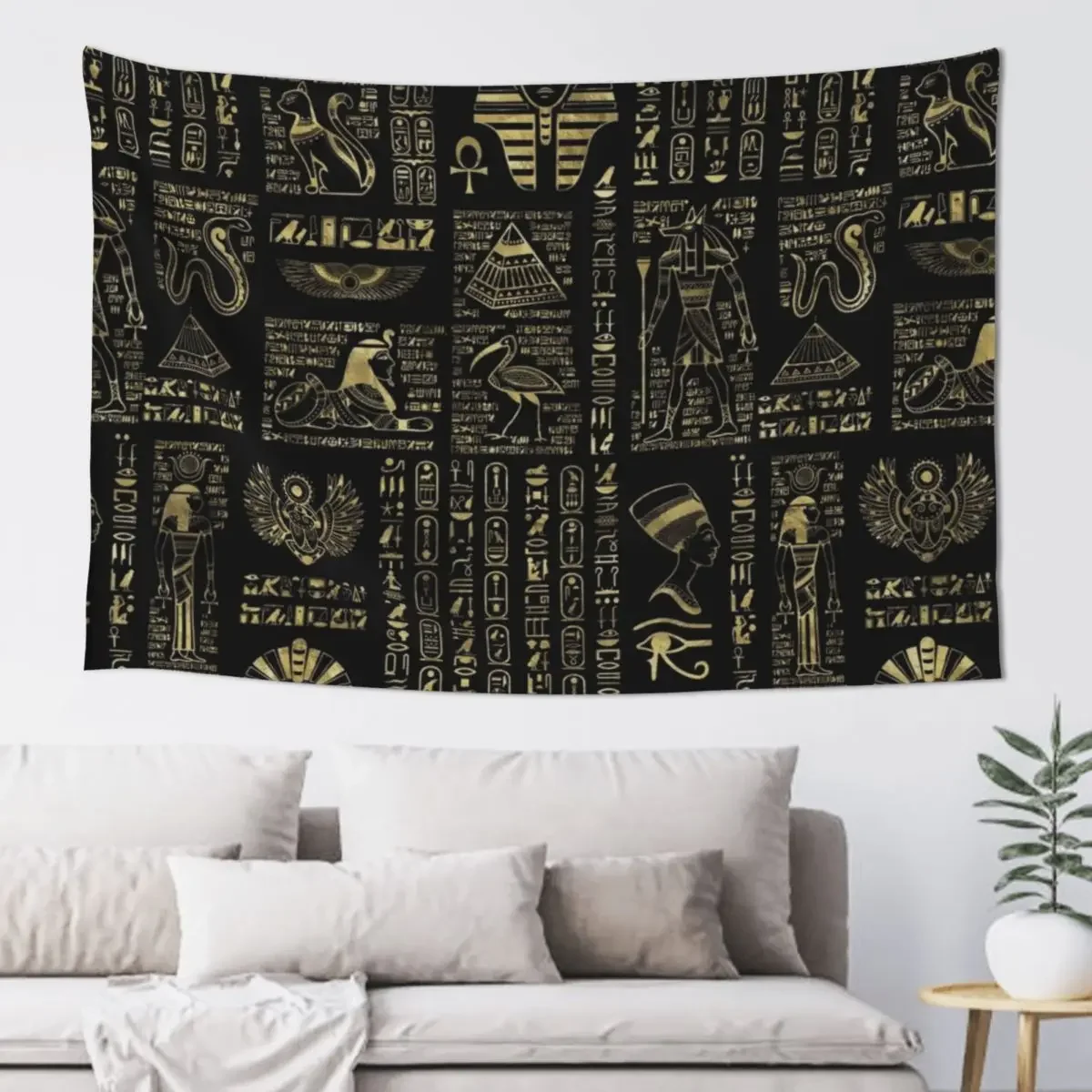 

Egyptian hieroglyphs and deities gold on black Tapestry Wall Decor Wall Carpet Home Decorating Tapestry