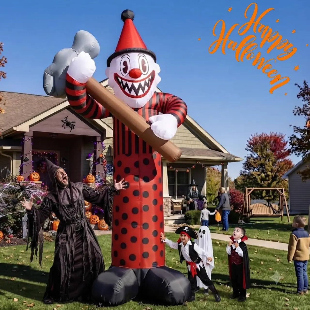 Scary 12FT Halloween Inflatable Circus Clown, Giant Blow Up Evil Jester with Flashing Lighted Claw Hammer for Home Outdoor Garde