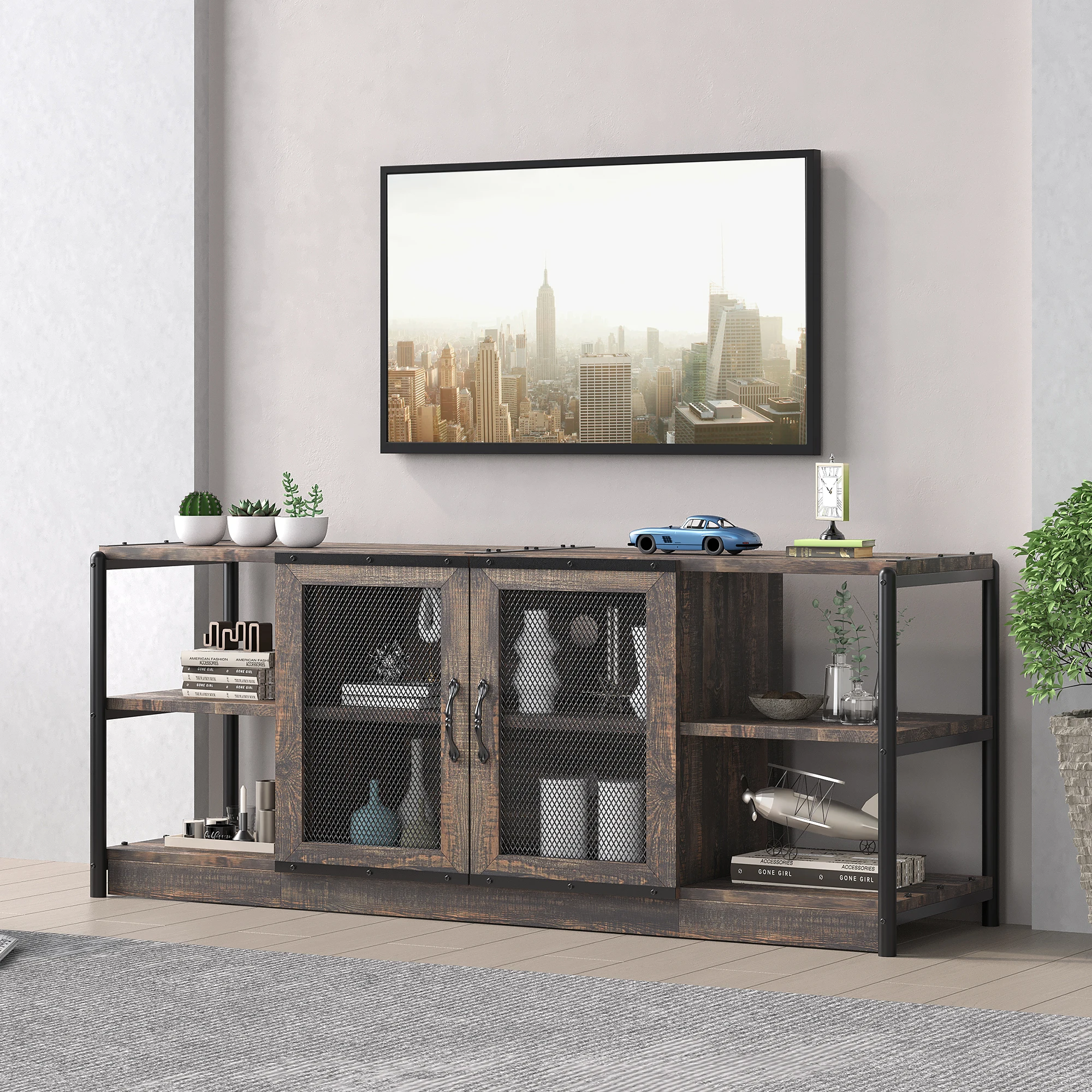 TV Stand Farmhouse Entertainment Center for 65 Inch TV Media Console Cabinet Gray Barn Doors TV Stand with Storage and Shelves