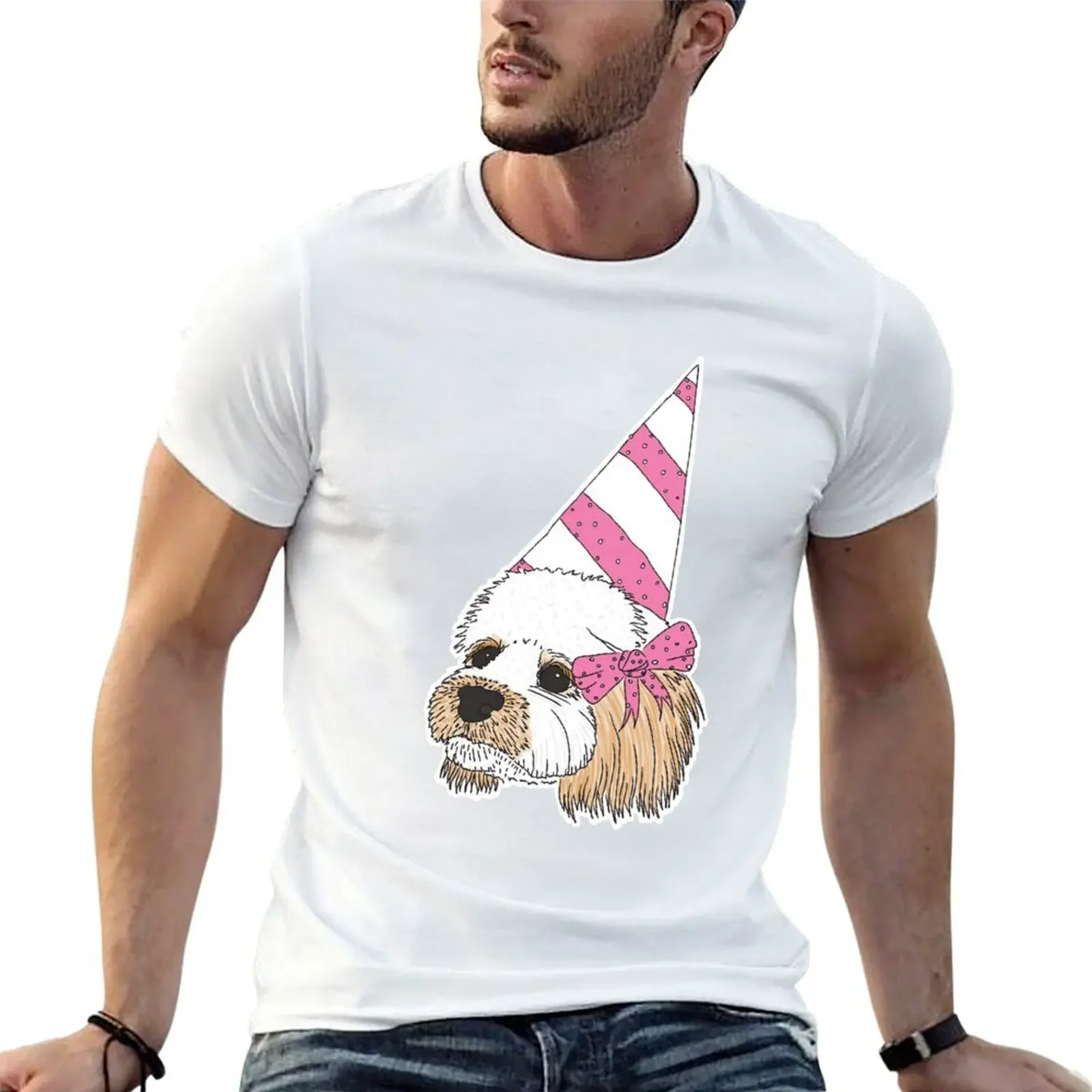 

Cute Cockapoo Dog wearing Pink Party Hat and Bow T-Shirt oversized cute tops t shirt men 100℅ cotton