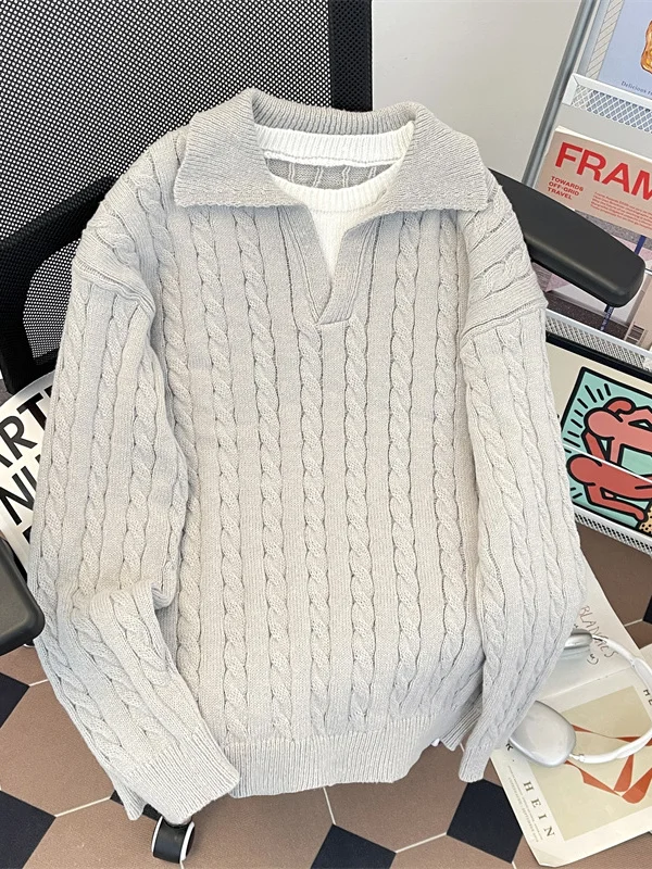 

Мужской свитер American Style с V-образным вырезом, вязаный, повседневный, с винтажным узором, свободного кроя, с длинными рукавами, осенняя мода