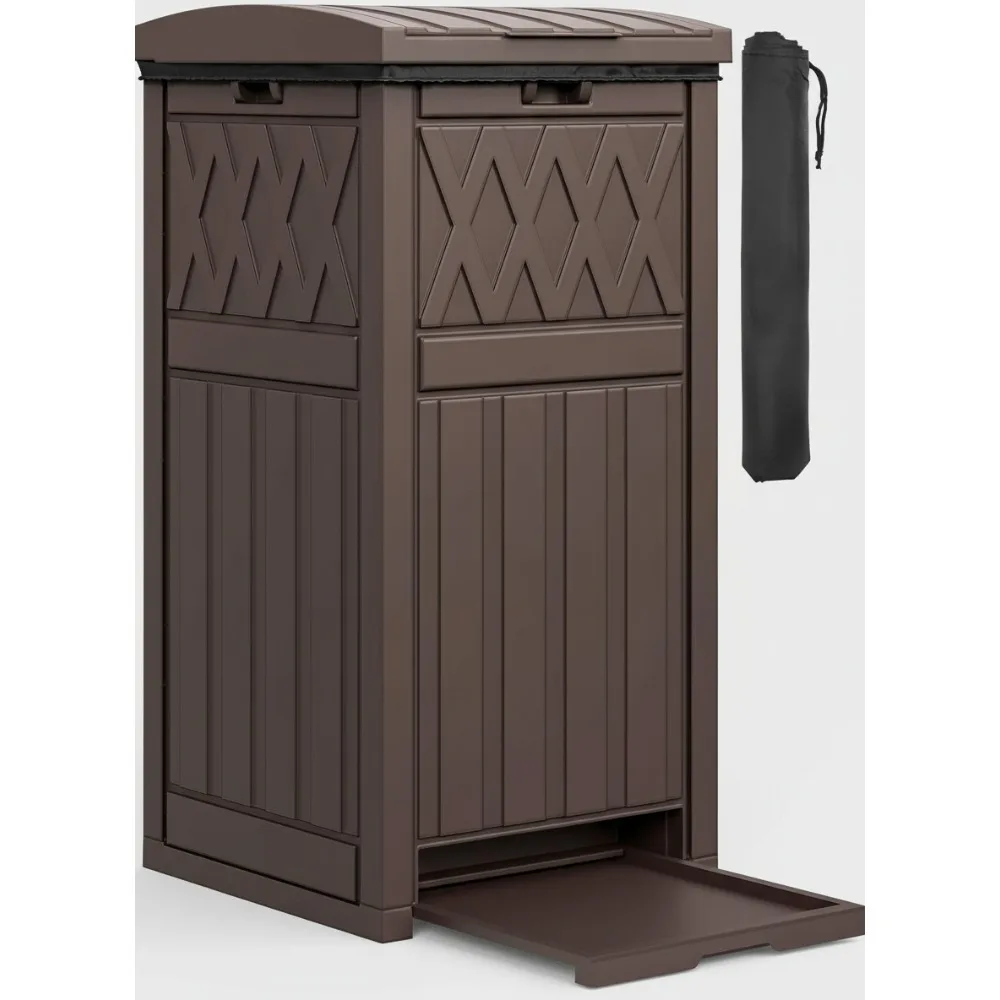 

36-Gallon Outdoor Trash Can with Fabric Liner, Tiered Lid & Drip Tray, Waterproof Resin Garbage Bin for Patio Deck Backyard