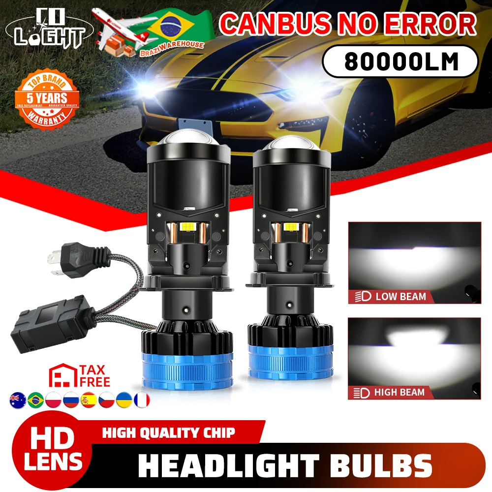 CO LIGHT New H4 9003/HB2 Led Canbus Headlight Bulbs 80000LM High/Low Beam With Mini Projector Lens For Car 6500K White 12V 24V