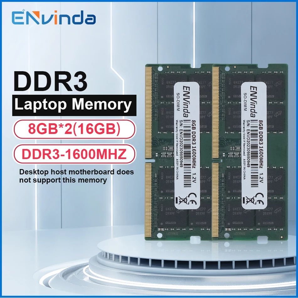 High Quality Envinda Laptop Memory Ram 8GB(2X4GB) 16GB ( 2X 8GB ) DDR3 1600MHz SODIMM 1.5V Non-ECC Notebook Memoria - Black