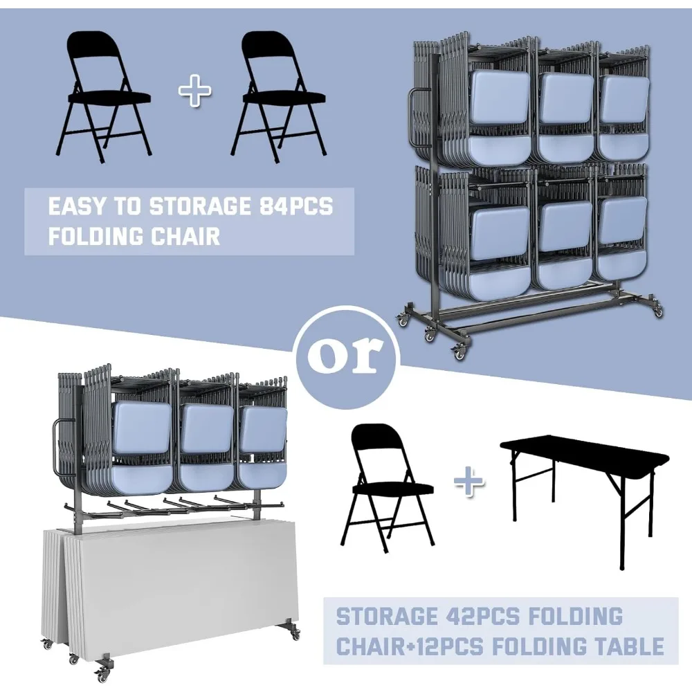 طاولة وكرسي قابلة للطي بطبقتين مع 6 عجلات دوارة، سعة 800 رطل، رف وأشرطة للتخزين #2