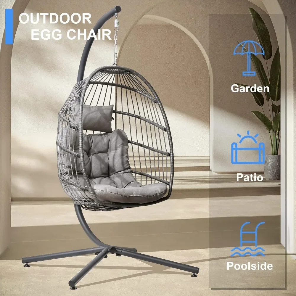 Hanging Egg Swing Hammock Chair with Stand,Outdoor Wicker Egg Chair with Cushion Headrest for Patio,350LBS Capacity(Light Grey)