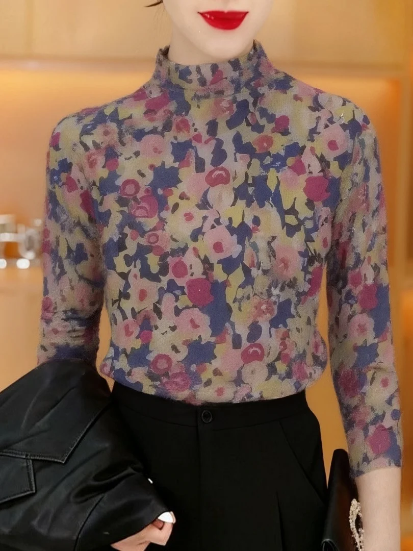 

Retro Watercolor Flower High Collar Fleece Lined Thick Long Sleeve Women's Base Shirt Mom's Fashion Elegant Versatile Warm Top