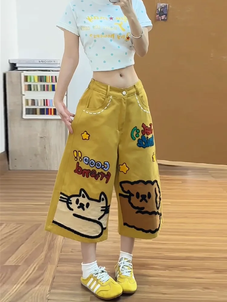 Spicy Girl Dopaamine Yellow Cartoon Embroidery Seven-Foot Denim Jeans Women Summer Design Loose Straight Leg Wide Leg Mid-Pants - view 4