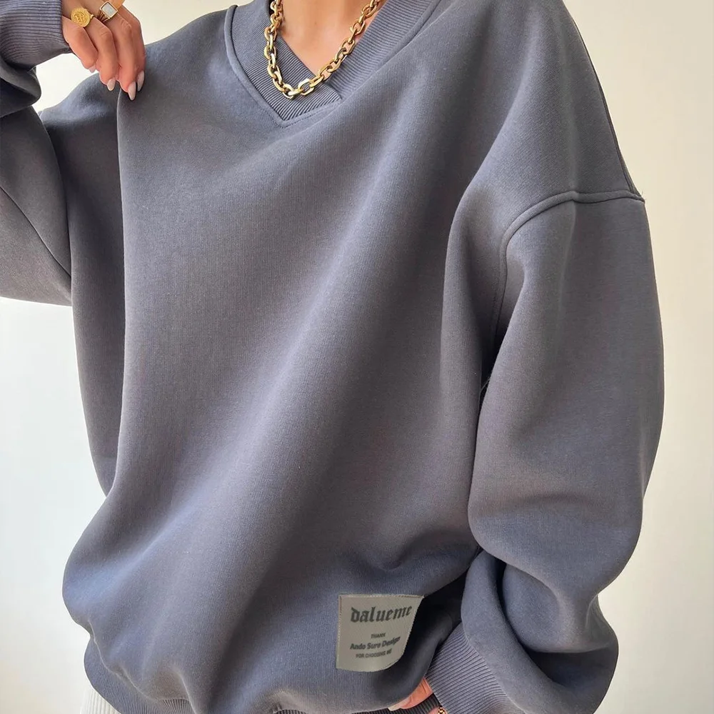 Oversize womens V-neck hoodie, 2024 autumn winter warm solid color casual loose pullover long sleeved tops