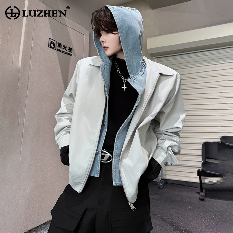 LUZHEN 2024 New Denim Splicing Design Fake Two Piece Outerwear Men\'s High Street Loose Original Hooded Personality Jacket LZ1540