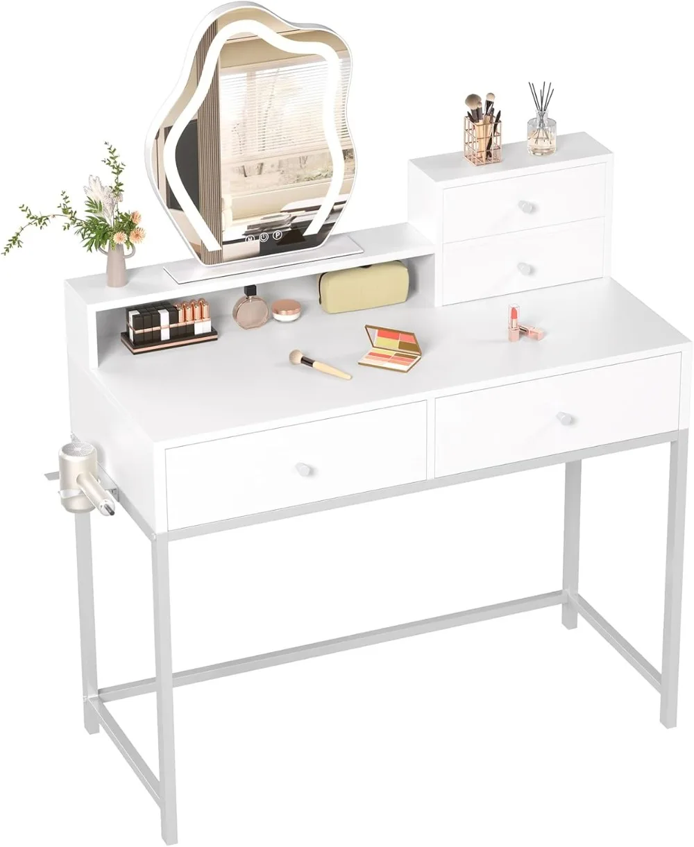 

GreenForest Vanity Desk with Mirror and Lights, 31 Inch White Makeup Vanity Table with 4 Drawers and 1 Storage Shelf,Silver Gray