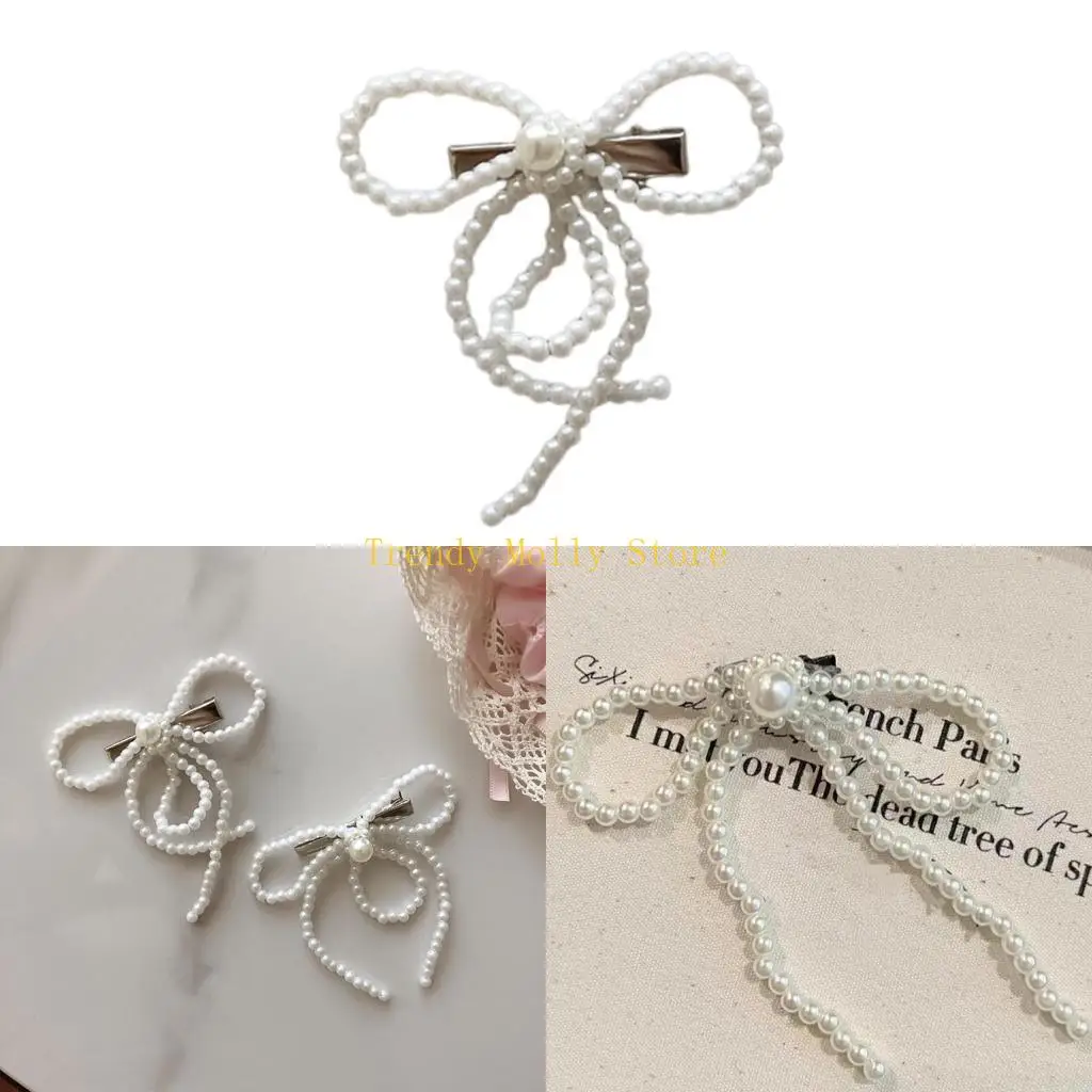 

N5KB Sweet Bowtie Hairclip Artificial Pearls Hair Clip Side Pin Lady Hair Styling Tool