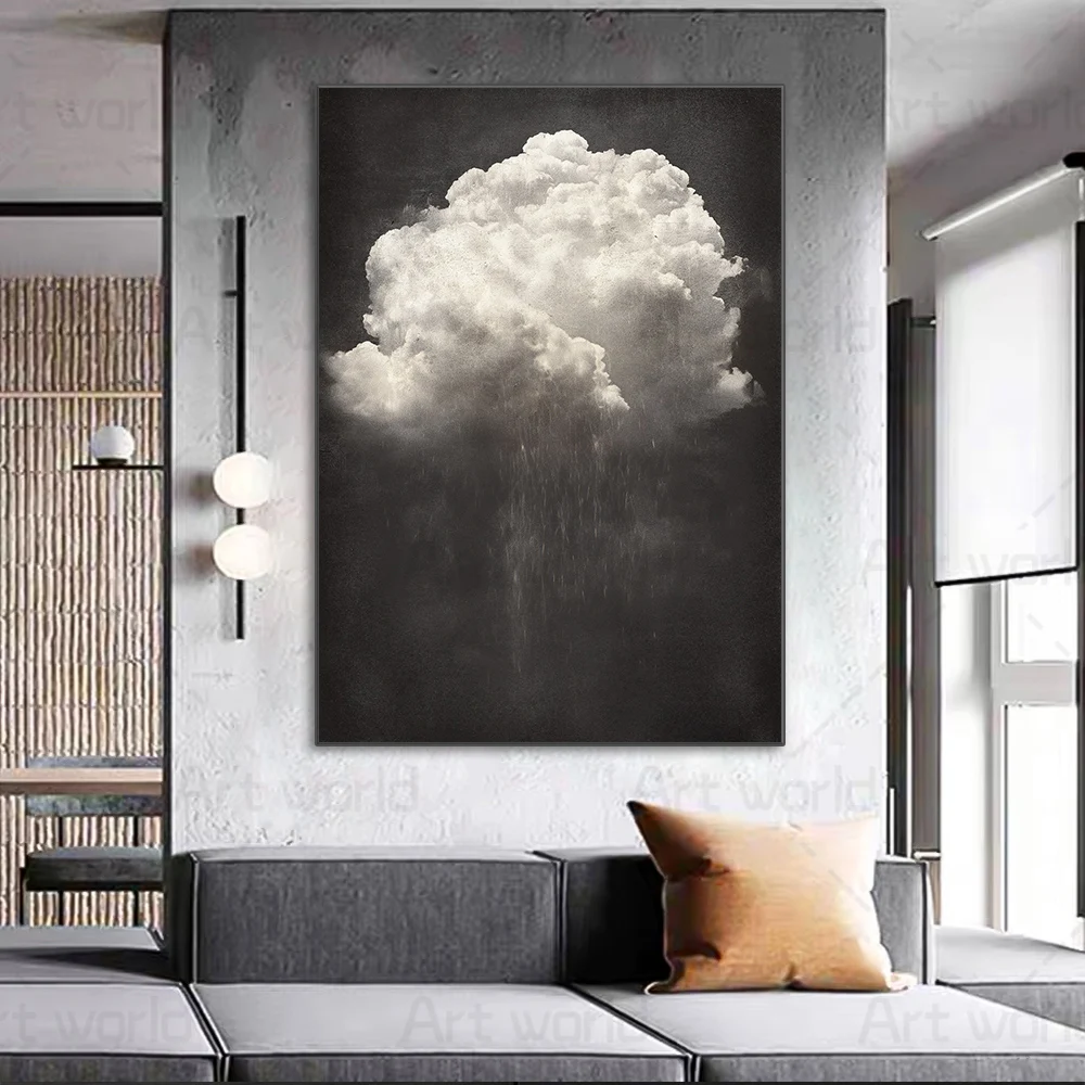 White Cloud Painting Grey Background Cloudy Day Modern Wall Art Canvas Posters and Prints for Living Room Home Decoration