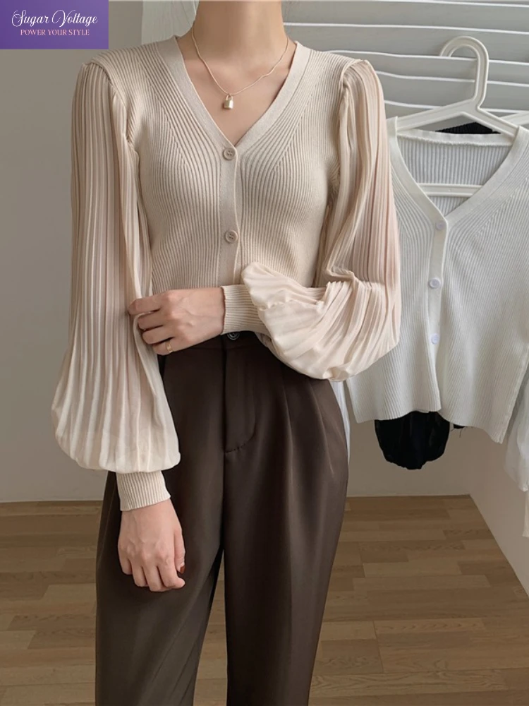 

Осенние корейские модные винтажные элегантные вязаные топы, женские свободные рубашки с рукавами-фонариками и v-образным вырезом, офисная женская повседневная однотонная шифоновая блузка