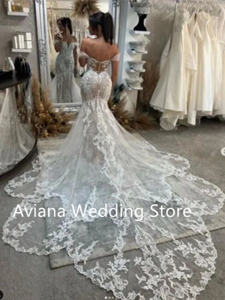 Vestido de Novia de sirena con Apliques de Encaje, Sexy, personalizado, con hombros descubiertos, escote en forma de corazón, cola de corte, Vestido de Novia Boda 2025