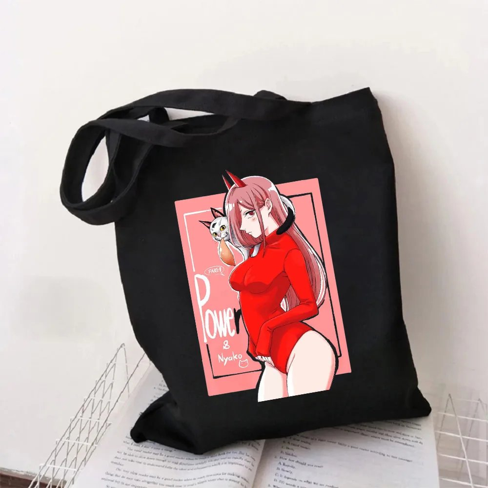 Tas Bahu Musim Panas Kasual Mode Tas Pembelanja Harajuku Kanvas Lucu Wanita Kucing Kekuatan Jahat Pria Gergaji Anime Jepang