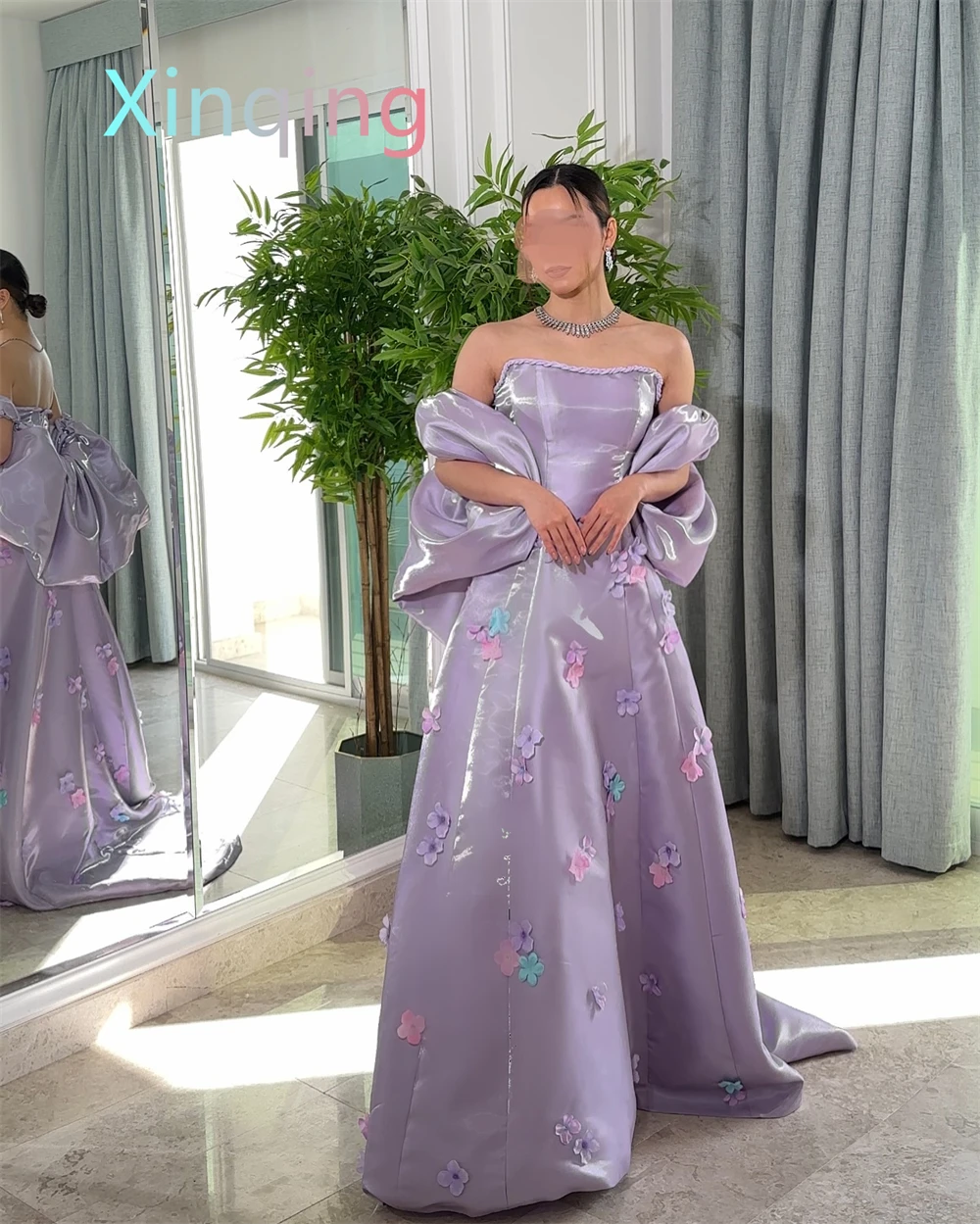 Customized  Exquisite Light Purple Satin Evening DressTemperament Strapless Sleeveless Prom Dress High Quality Celebrit image 5