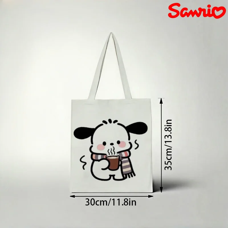 

1pc Sanrio Pochacco Canvas Tote Bag, Winter‑style Striped‑scarf Drinking‑hot‑coffee Warm‑vibe Print Eco Shoulder Bag