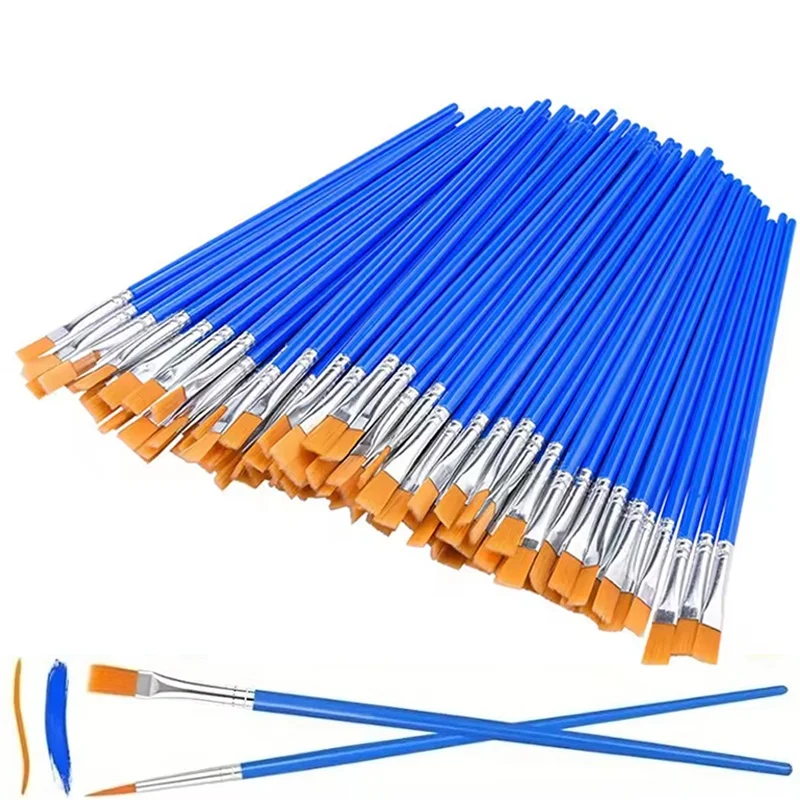 Painting Brushes Set 100Pcs Round Flat Hair Nylon Plastic Handle Paint Brushes Painting Supplies Set For Oil Acrylic Watercolor
