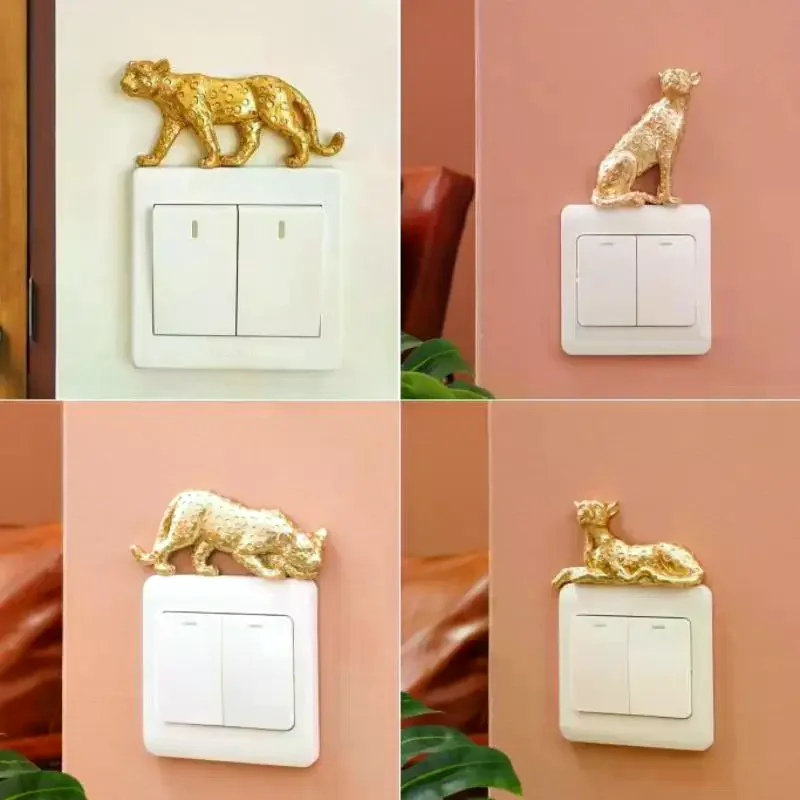 Detachable Self Adhesive Wall Switch Ornament Resin Leopard Sculpture Light Switch Cover Sticker Household Home Decor Accessory
