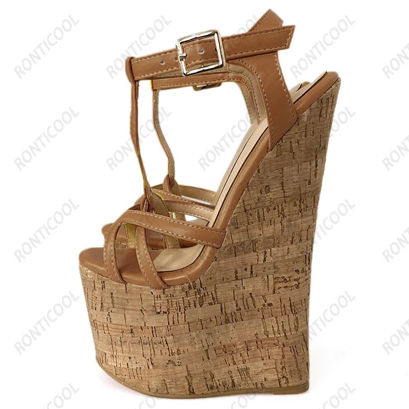 Ronticool Handmade Women T-strap Sandals Ultra High Wedges Heels Round Toe Classics Black Dress Shoes Ladies US Plus Size 5-15