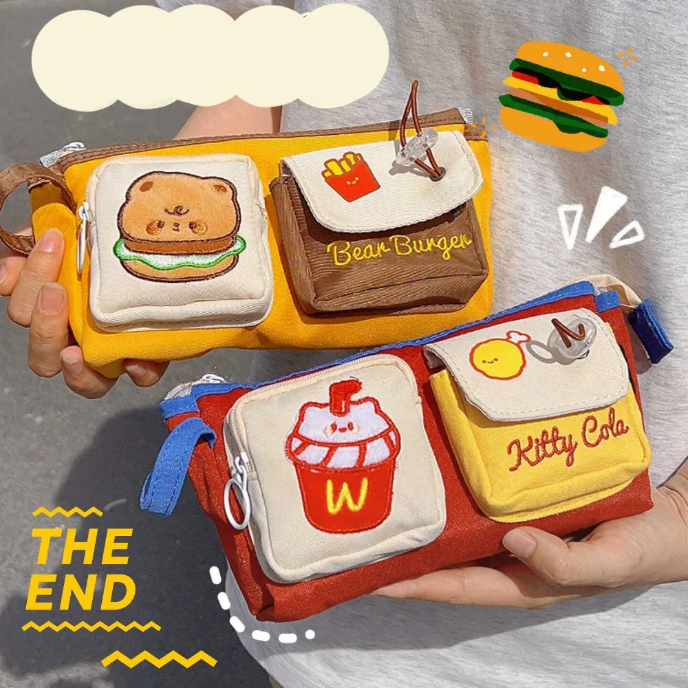 대용량 곰 버거 연필 케이스, 더블 포켓 문구 캔버스 연필 가방, 휴대용 다기능