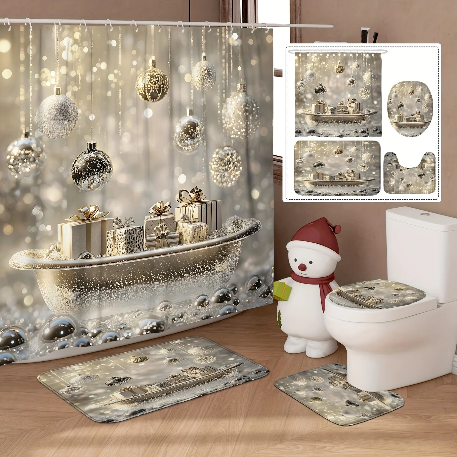 4Pcs Xmas Bath Set, Christmas Ball Gift, Silver Curtain, Holiday Bathroom Decor, 12 Hooks, Non-Slip U-Shaped Cover