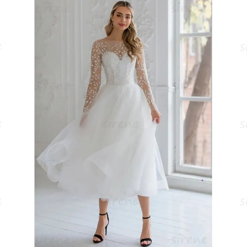 Kurze Brautkleider weiß A-Linie O-Ausschnitt Langarm Spitze Applikation Tüll Illusion zurück Brautkleid Tee Länge Vestidos de Novia