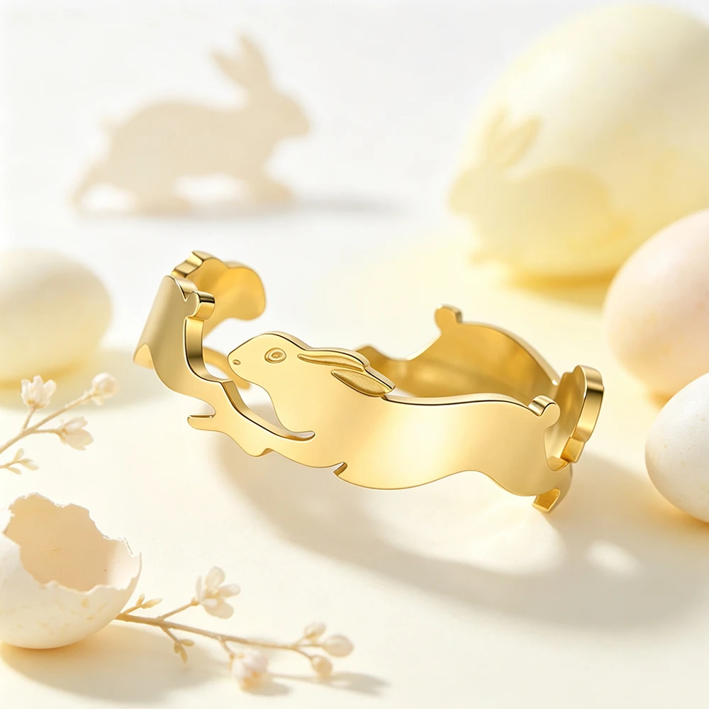 My Shape Easter Jumping Rabbit Ring Adjustable Stainless Steel Cute Running Bunny Animal Finger Ring Jewelry Easter Day Present