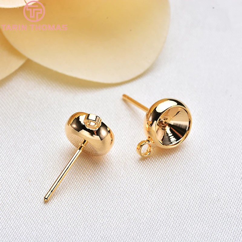 

(2587)10PCS 8MM 24K Gold Color Brass With Hooks Hole Round Stud Earrings Pins High Quality Jewellery Accessories