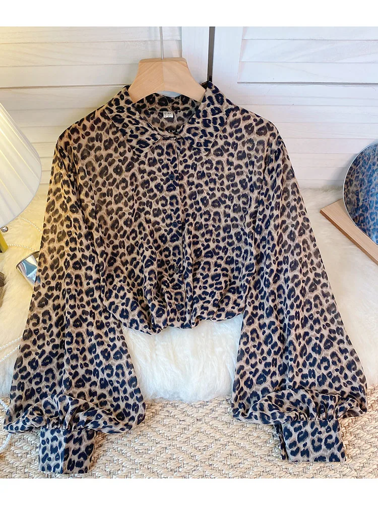 Women Sprin Autumn Shirt Polo Neck Long Sleeve Single Breasted Printed Chiffon Shirt Thin Western Versatile Slim Top D5499