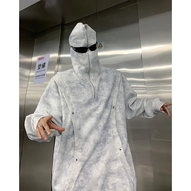 Retro Tie-dye Printed Hoodie Men Fleece Warm Pullover Sweatshirts High Street Hip Hop Streetwear Oversized Unisex Hoodie