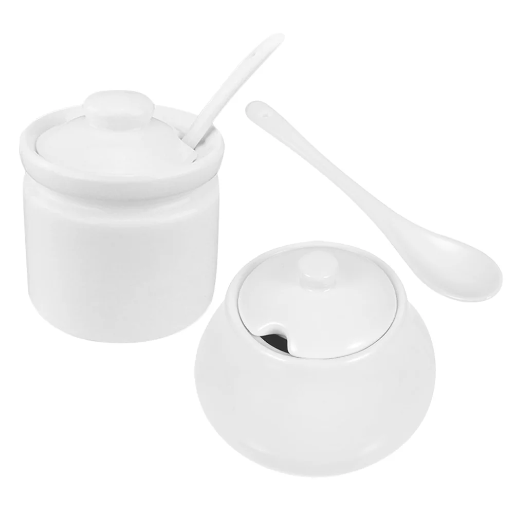 

2 Sets Ceramic Sugar Jar with Spoon Candy Serving Plate Household Condiment Jar Sugar Container